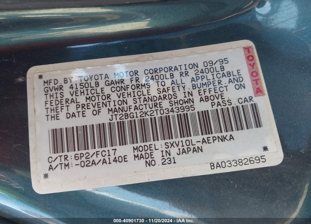 1996 TOYOTA CAMRY DX/LE/XLE VIN: JT2BG12K2T0343995