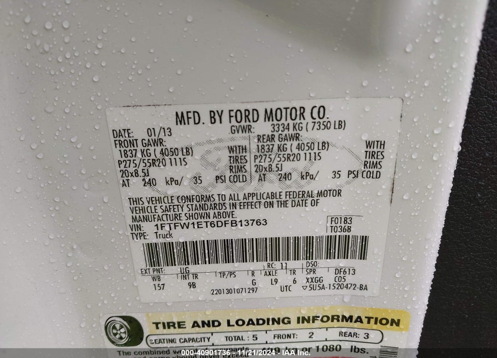 2013 FORD F-150 PLATINUM VIN: 1FTFW1ET6DFB13763