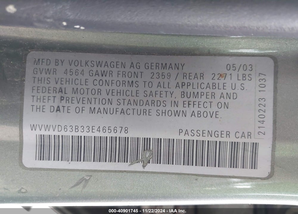 2003 VOLKSWAGEN PASSAT GLS VIN: WVWVD63B33E465678