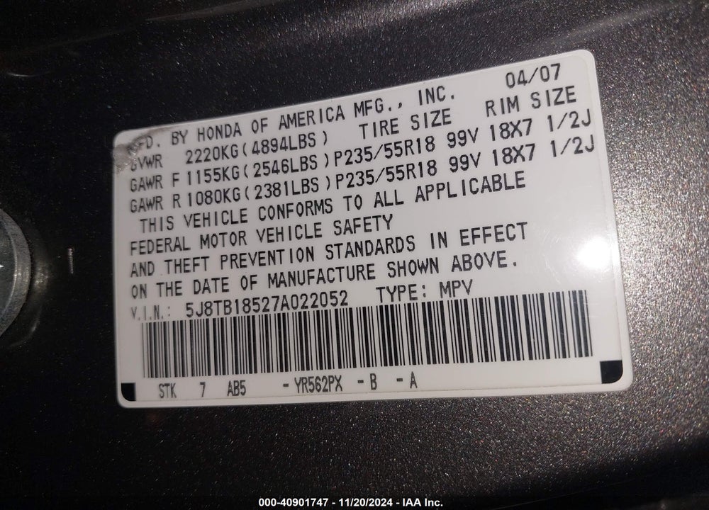 2007 ACURA RDX VIN: 5J8TB18527A022052