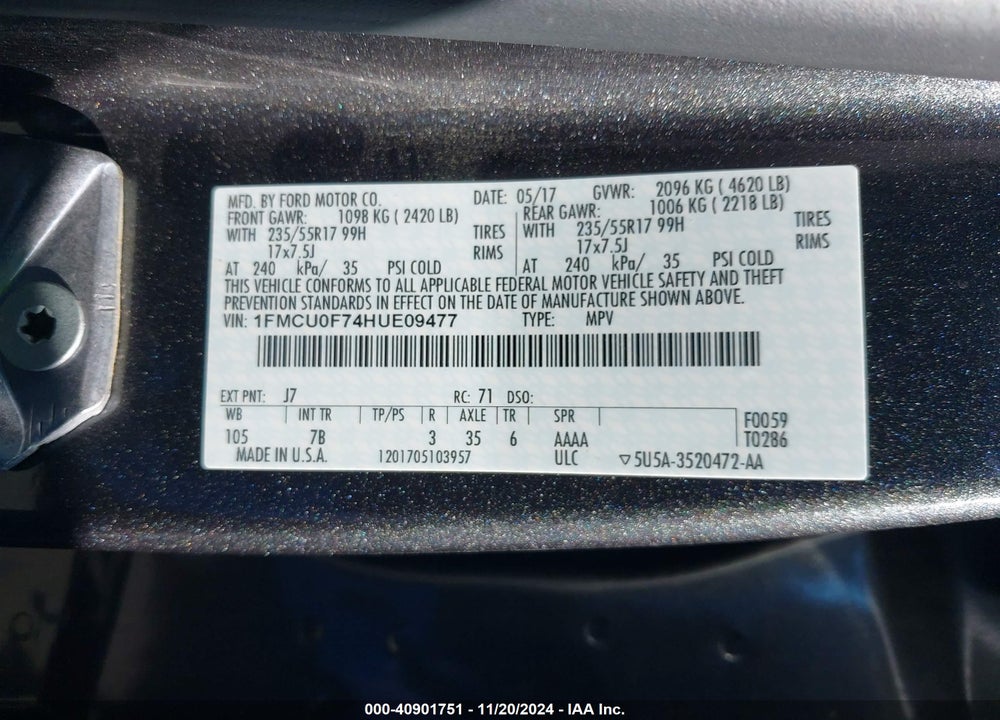 2017 FORD ESCAPE S VIN: 1FMCU0F74HUE09477