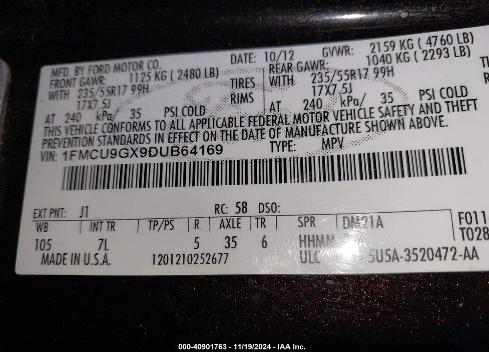 2013 FORD ESCAPE SE VIN: 1FMCU9GX9DUB64169
