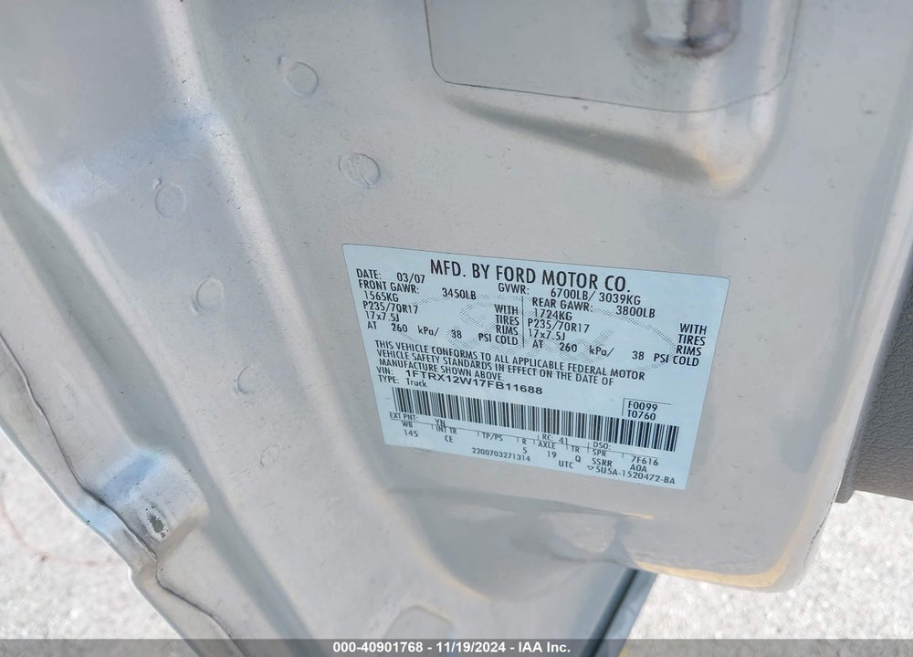 2007 FORD F-150 STX/XL/XLT VIN: 1FTRX12W17FB11688