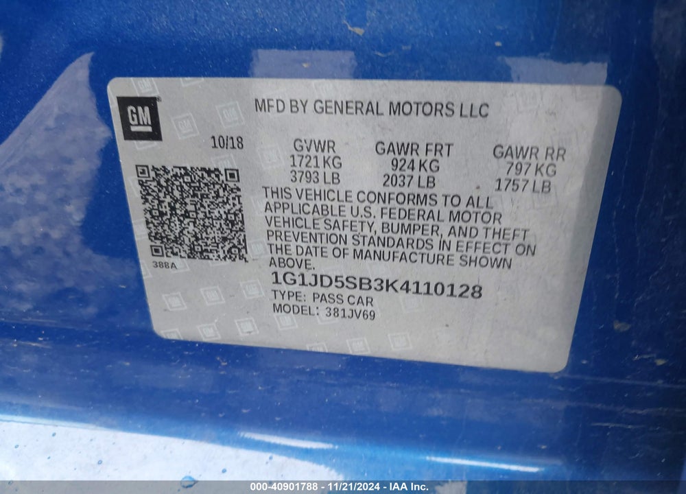 2019 CHEVROLET SONIC VIN: 1G1JD5SB3K4110128