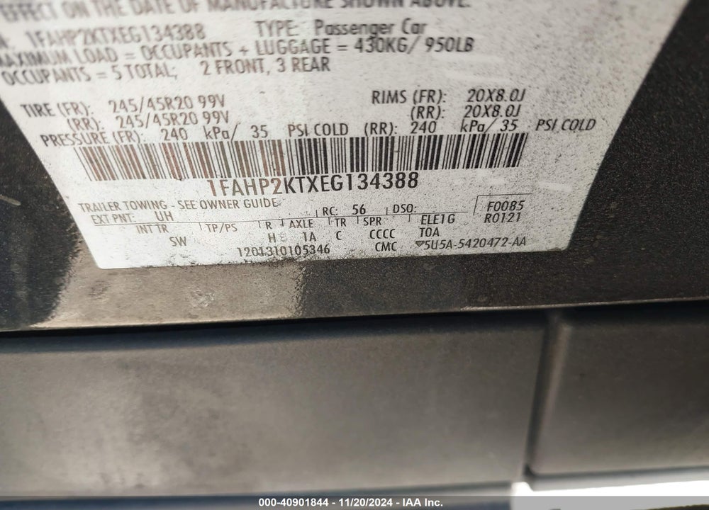 2014 FORD TAURUS SHO VIN: 1FAHP2KTXEG134388