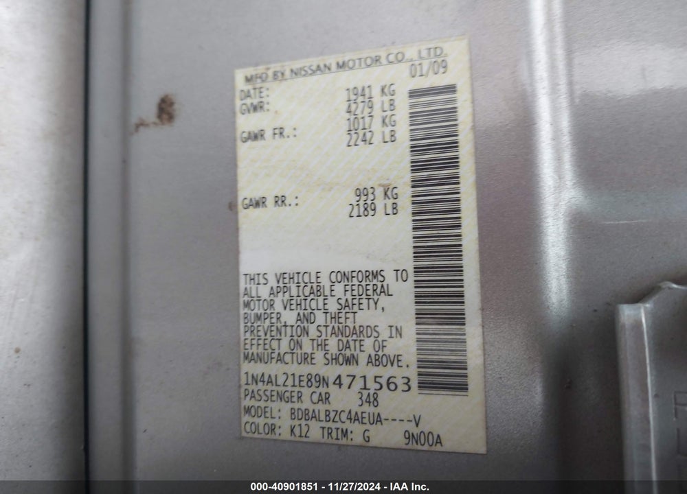 2009 NISSAN ALTIMA 2.5 S VIN: 1N4AL21E89N471563