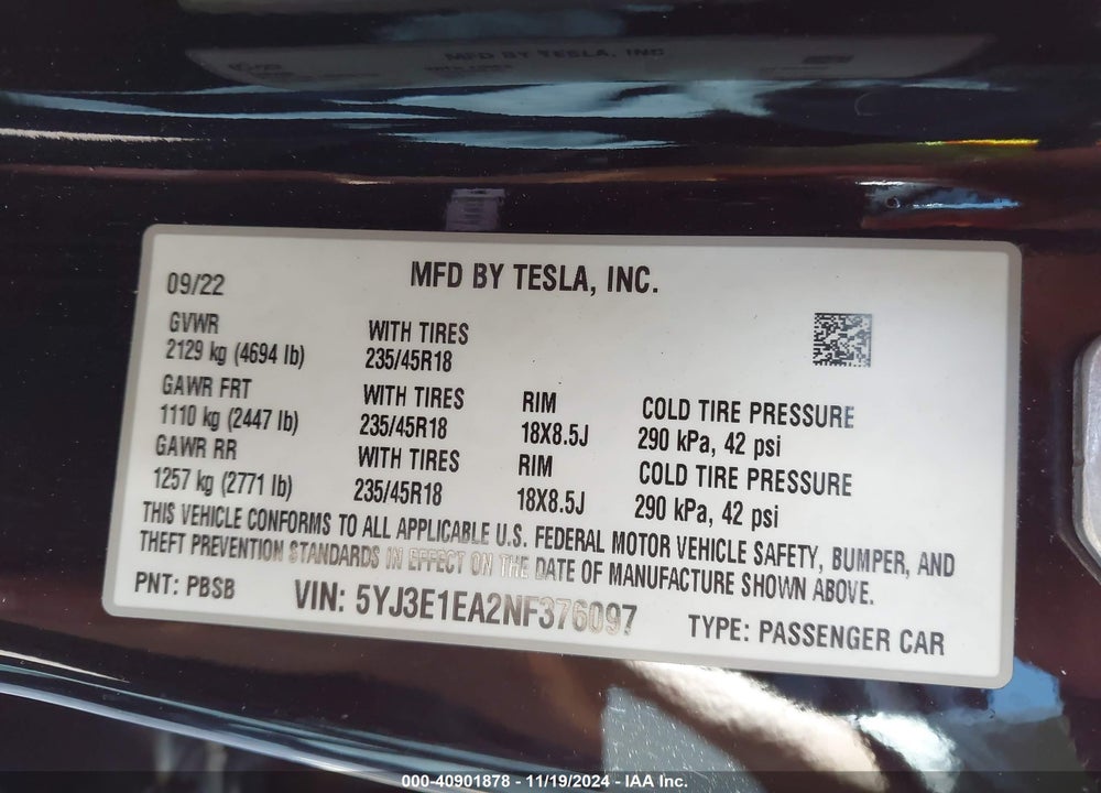 2022 TESLA MODEL 3 REAR-WHEEL DRIVE VIN: 5YJ3E1EA2NF376097