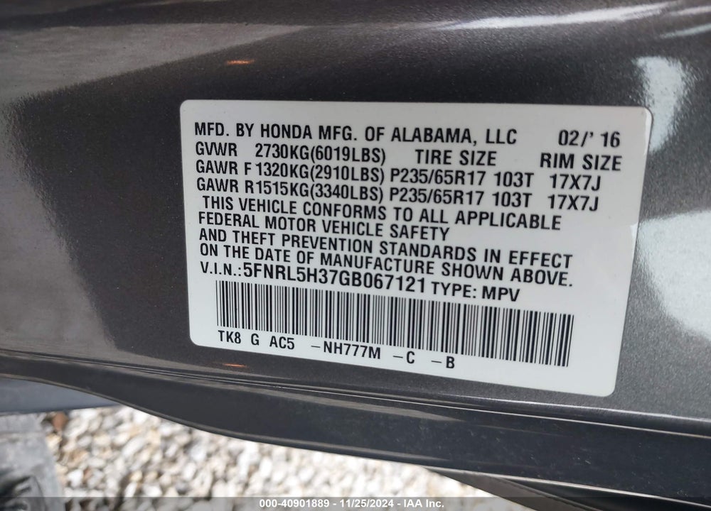 2016 HONDA ODYSSEY SE VIN: 5FNRL5H37GB067121