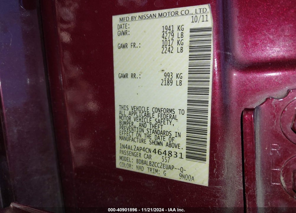 2012 NISSAN ALTIMA 2.5 S VIN: 1N4AL2AP4CN464831