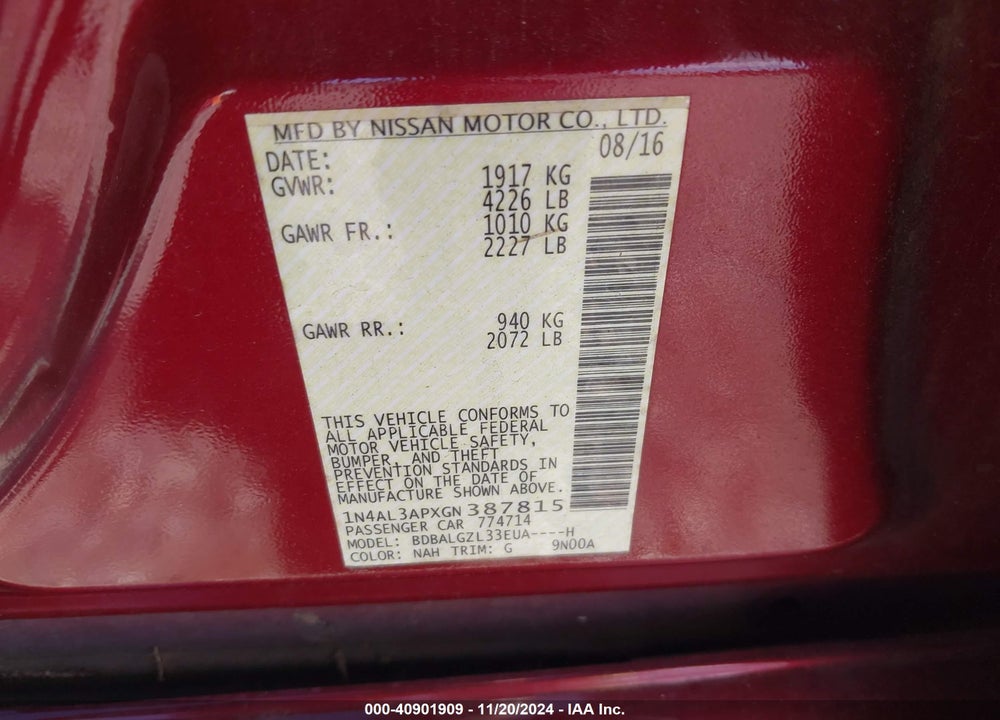 2016 NISSAN ALTIMA 2.5 S VIN: 1N4AL3APXGN387815