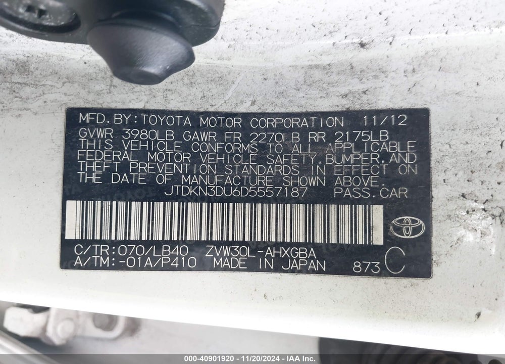2013 TOYOTA PRIUS VIN: JTDKN3DU6D5557187
