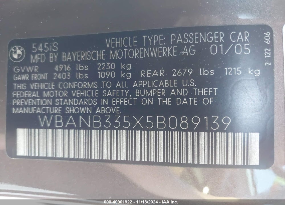 2005 BMW 545I VIN: WBANB335X5B089139