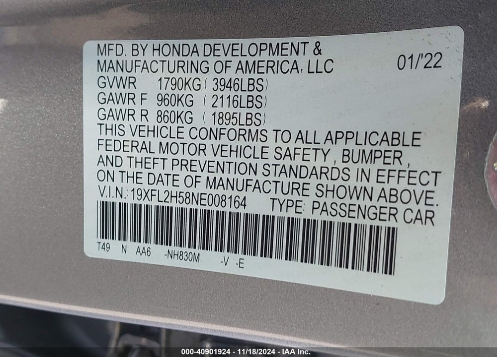 2022 HONDA CIVIC LX VIN: 19XFL2H58NE008164