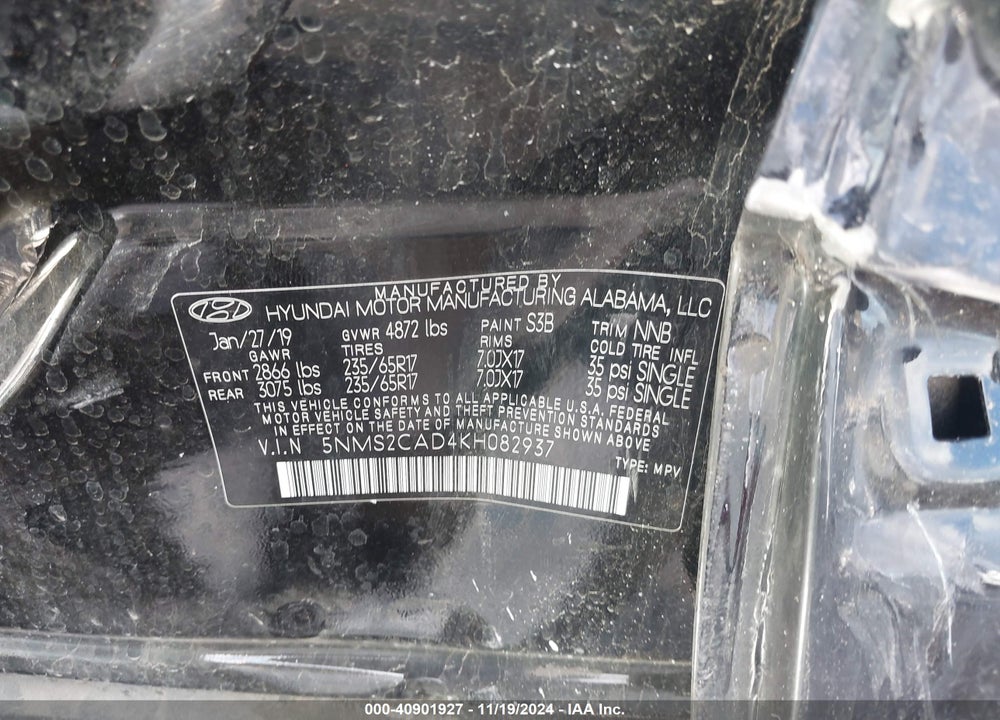 2019 HYUNDAI SANTA FE SE VIN: 5NMS2CAD4KH082937