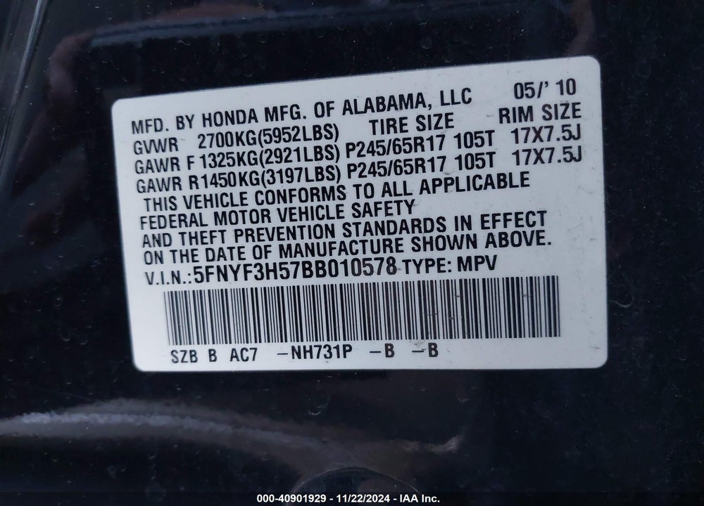 2011 HONDA PILOT EX-L VIN: 5FNYF3H57BB010578