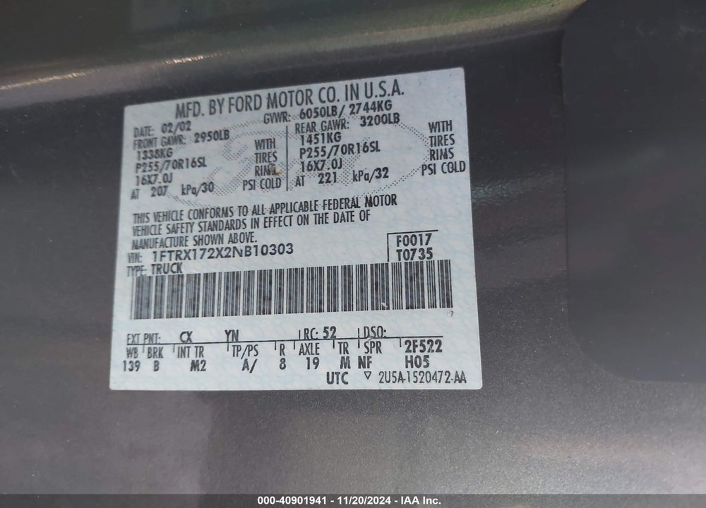 2002 FORD F-150 XL/XLT VIN: 1FTRX172X2NB10303