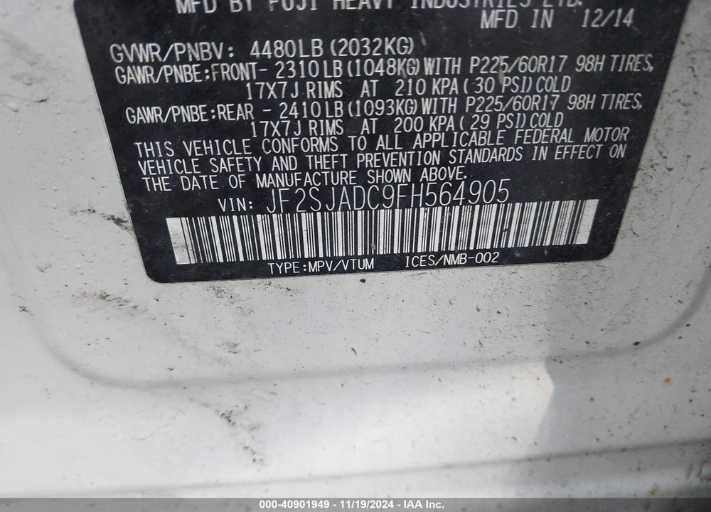 2015 SUBARU FORESTER 2.5I PREMIUM VIN: JF2SJADC9FH564905