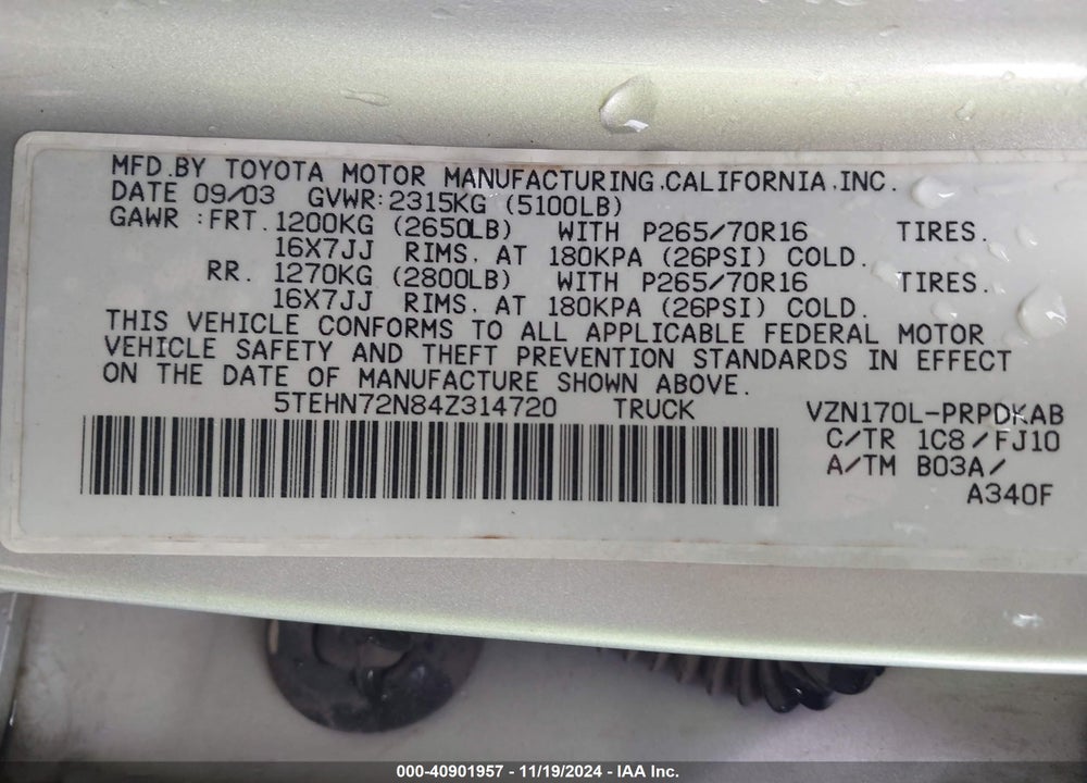 2004 TOYOTA TACOMA BASE V6 VIN: 5TEHN72N84Z314720