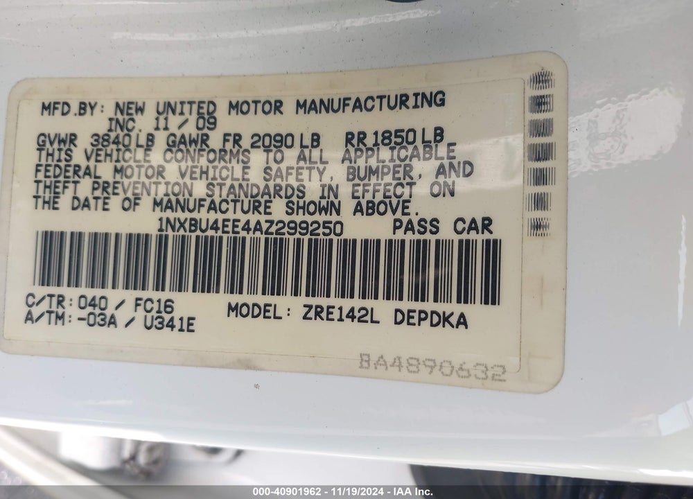2010 TOYOTA COROLLA LE VIN: 1NXBU4EE4AZ299250