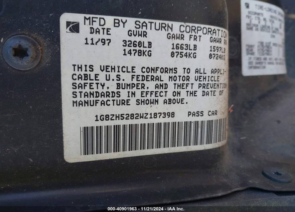 1998 SATURN SL1 VIN: 1G8ZH5282WZ187398