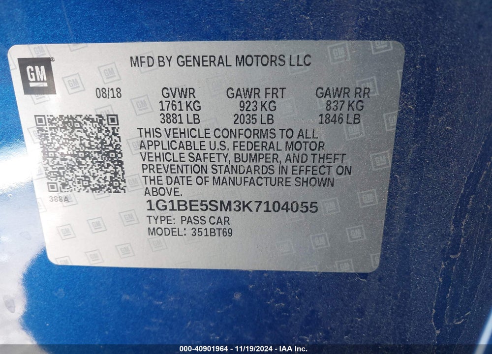 2019 CHEVROLET CRUZE VIN: 1G1BE5SM3K7104055