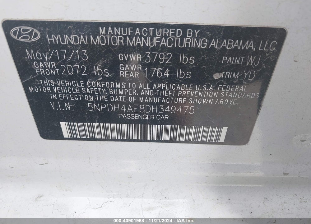 2013 HYUNDAI ELANTRA GLS VIN: 5NPDH4AE8DH349475
