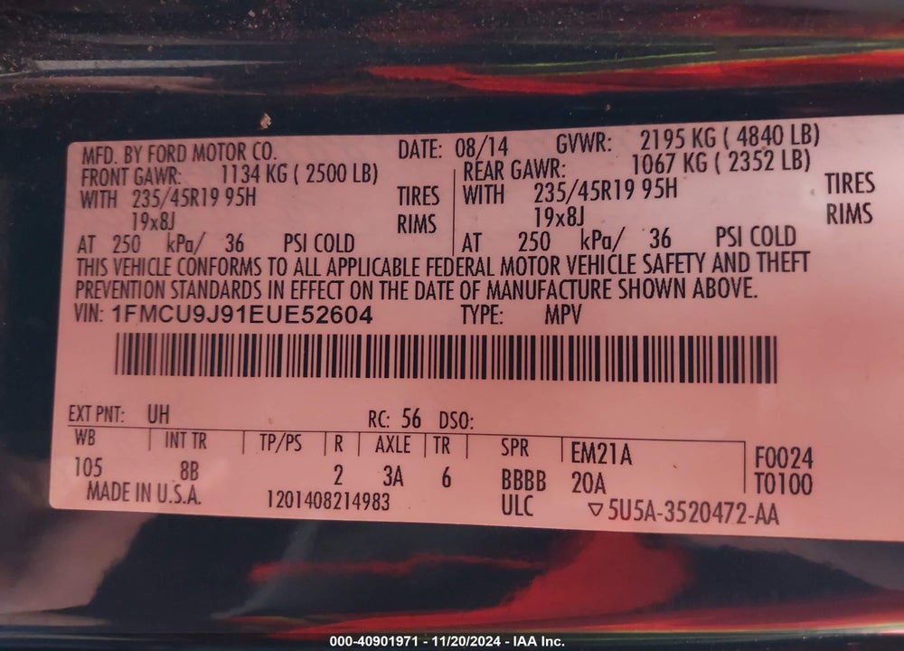 2014 FORD ESCAPE TITANIUM VIN: 1FMCU9J91EUE52604
