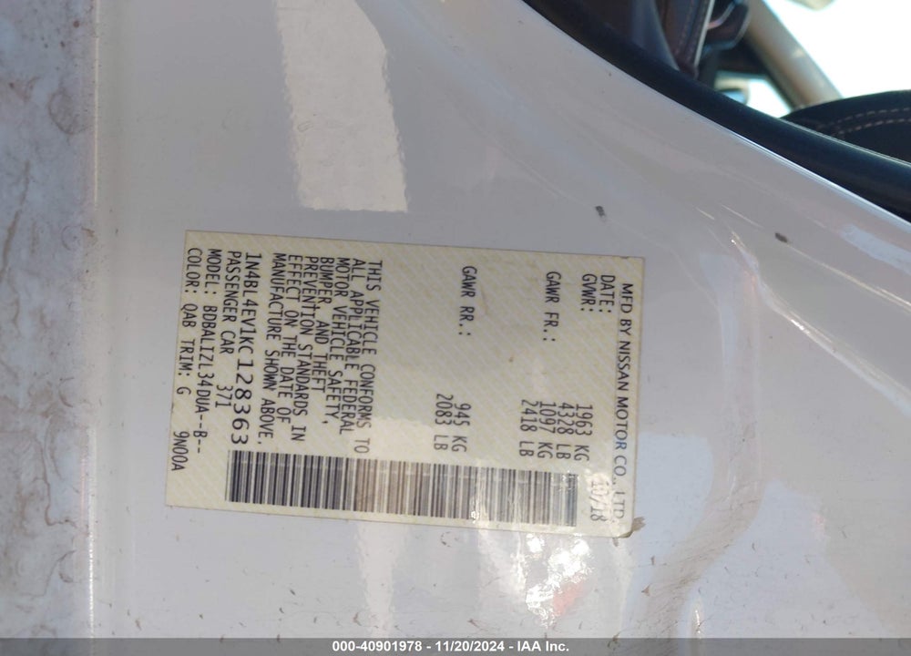 2019 NISSAN ALTIMA 2.5 SL VIN: 1N4BL4EV1KC128363