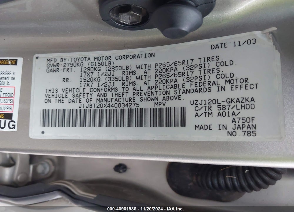 2004 LEXUS GX 470 VIN: JTJBT20X440034275