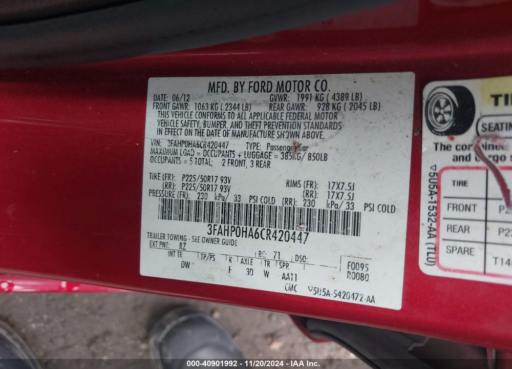 2012 FORD FUSION VIN: 3FAHP0HA6CR420447