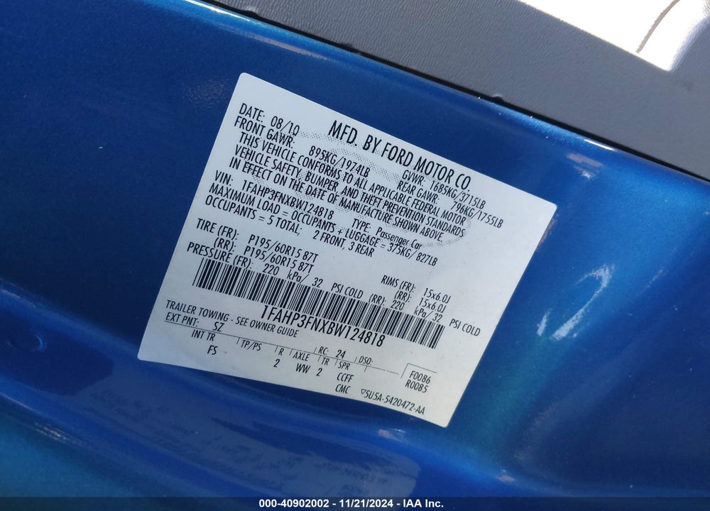 2011 FORD FOCUS SE VIN: 1FAHP3FNXBW124818