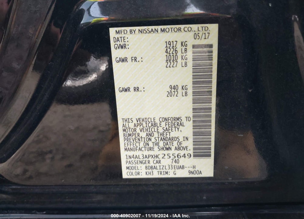 2017 NISSAN ALTIMA VIN: 1N4AL3APXHC255649