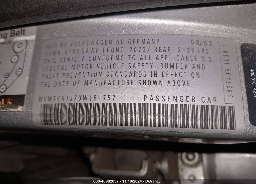 2003 VOLKSWAGEN JETTA GLS 2.0L VIN: WVWSK61J73W181757