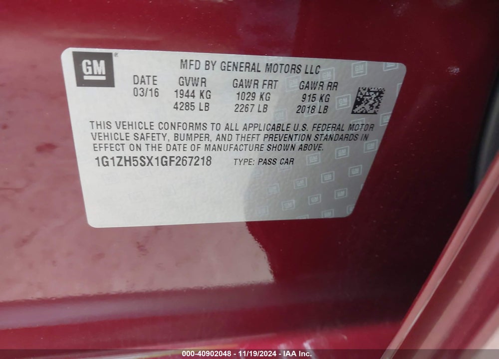 2016 CHEVROLET MALIBU PREMIER VIN: 1G1ZH5SX1GF267218