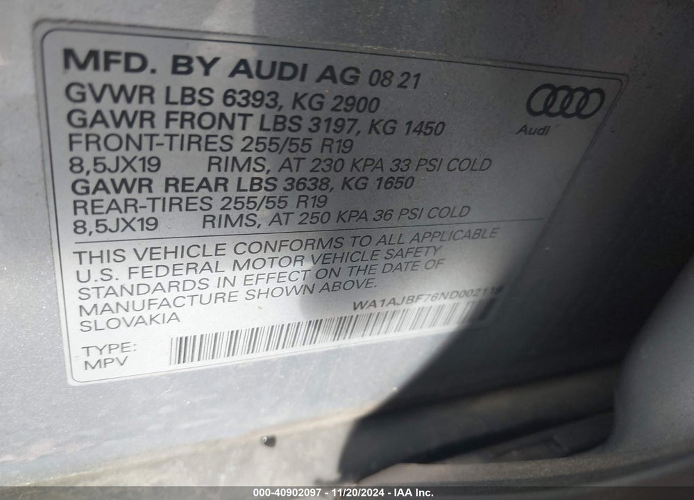 2022 AUDI Q7 PREMIUM 45 TFSI QUATTRO TIPTRONIC VIN: WA1AJBF76ND002119