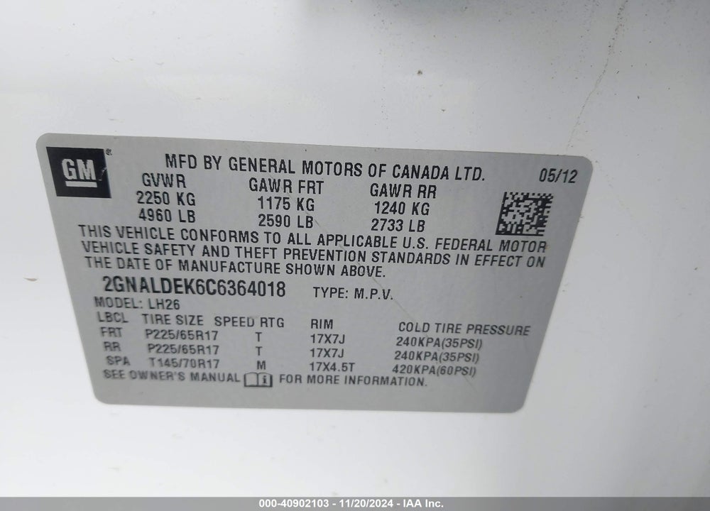 2012 CHEVROLET EQUINOX 1LT VIN: 2GNALDEK6C6364018
