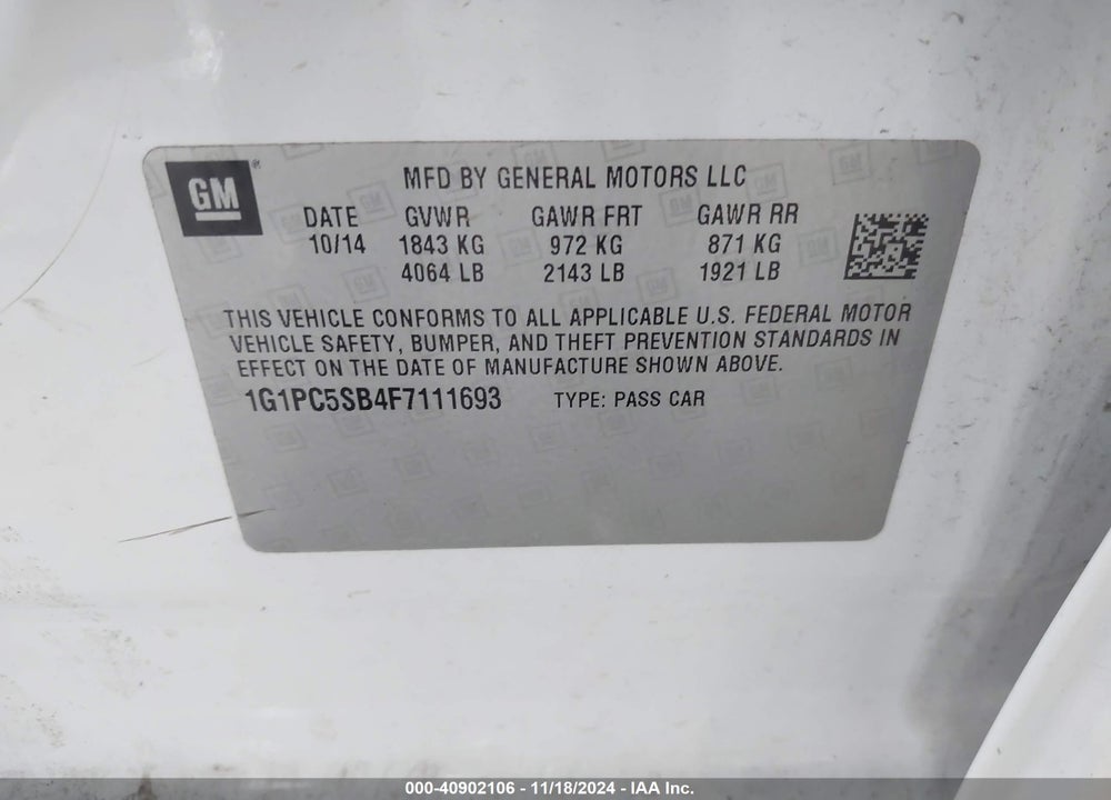 2015 CHEVROLET CRUZE 1LT AUTO VIN: 1G1PC5SB4F7111693