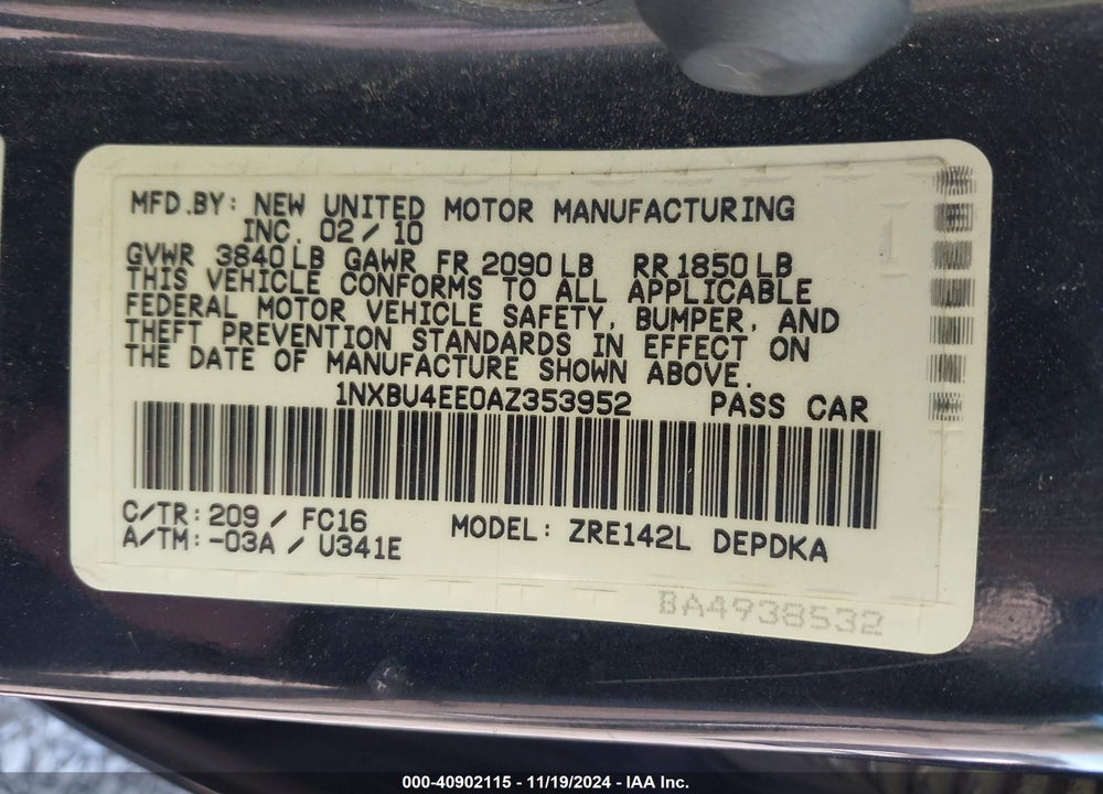 2010 TOYOTA COROLLA LE VIN: 1NXBU4EE0AZ353952