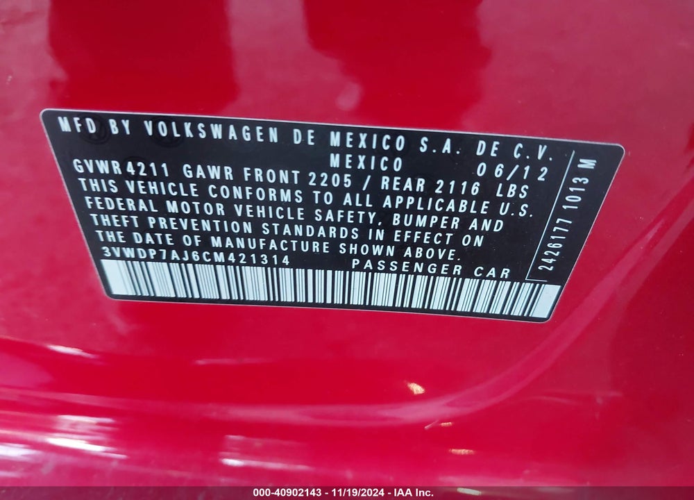 2012 VOLKSWAGEN JETTA 2.5L SE VIN: 3VWDP7AJ6CM421314