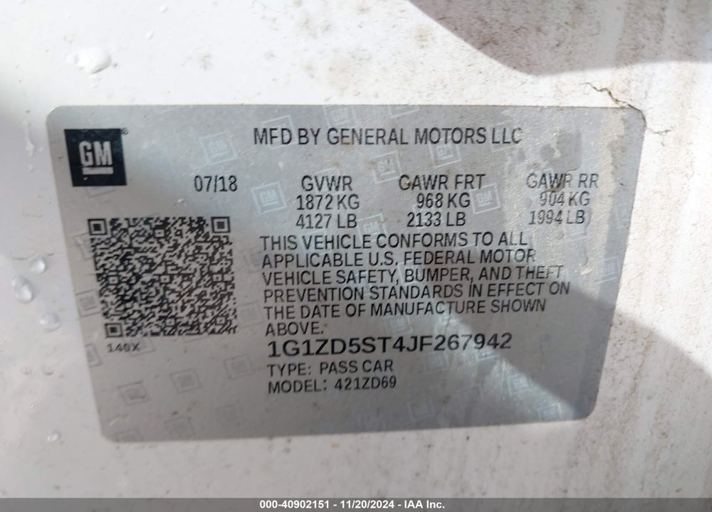 2018 CHEVROLET MALIBU LT VIN: 1G1ZD5ST4JF267942
