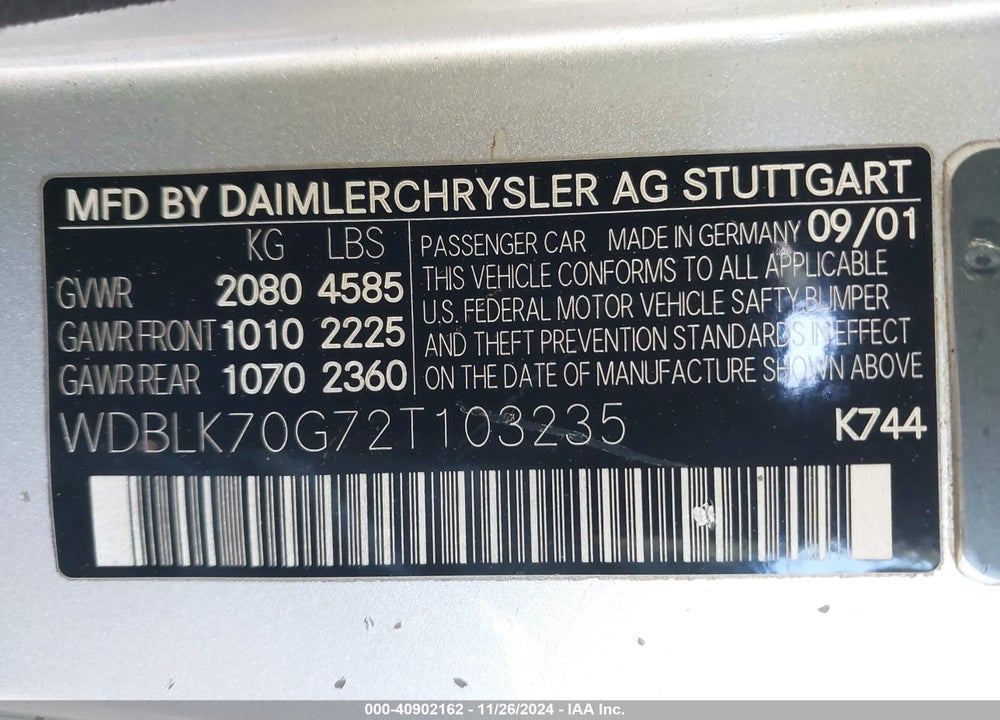 2002 MERCEDES-BENZ CLK 430 VIN: WDBLK70G72T103235