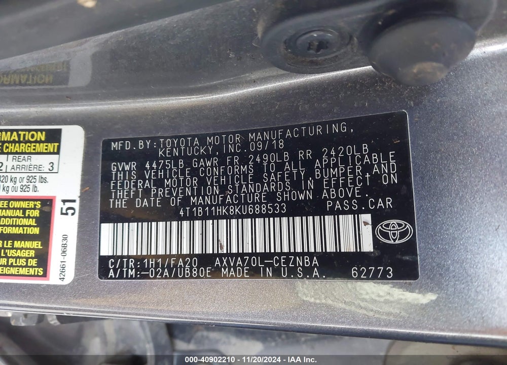 2019 TOYOTA CAMRY LE VIN: 4T1B11HK8KU688533