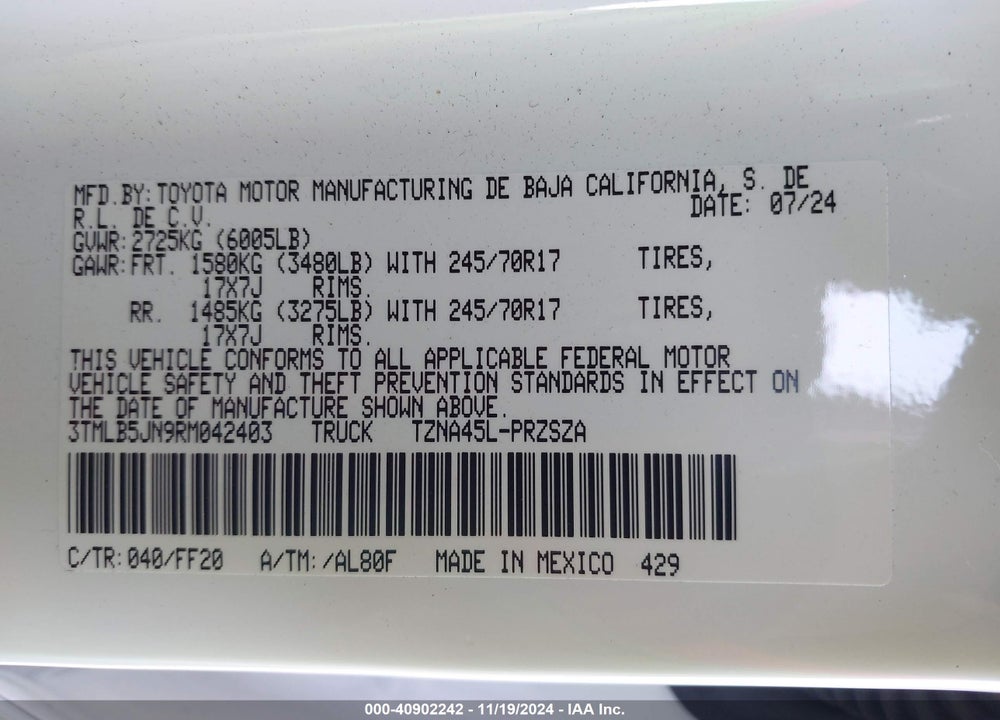 2024 TOYOTA TACOMA VIN: 3TMLB5JN9RM042403