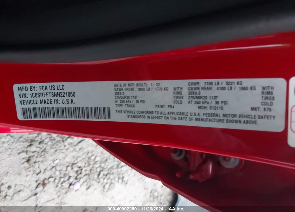 2022 RAM 1500 VIN: 1C6SRFFT8NN221060