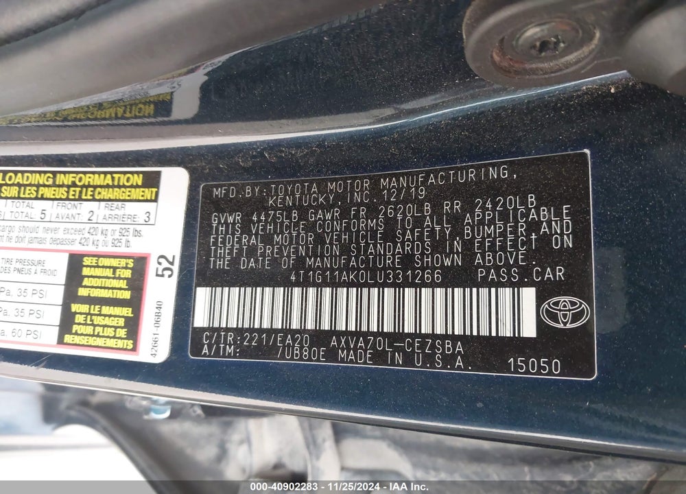 2020 TOYOTA CAMRY SE VIN: 4T1G11AK0LU331266