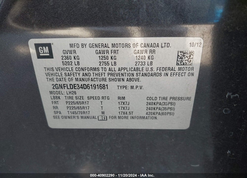 2013 CHEVROLET EQUINOX 1LT VIN: 2GNFLDE34D6191681