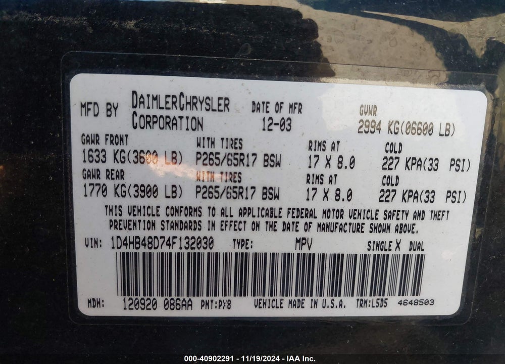 2004 DODGE DURANGO SLT VIN: 1D4HB48D74F132030