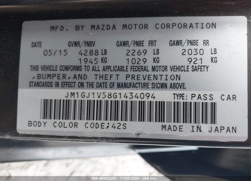 2016 MAZDA 6 I TOURING VIN: JM1GJ1V58G1434094