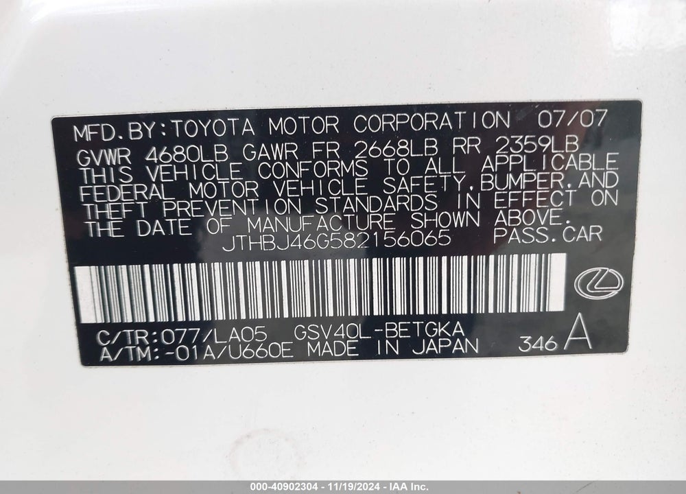 2008 LEXUS ES 350 VIN: JTHBJ46G582156065