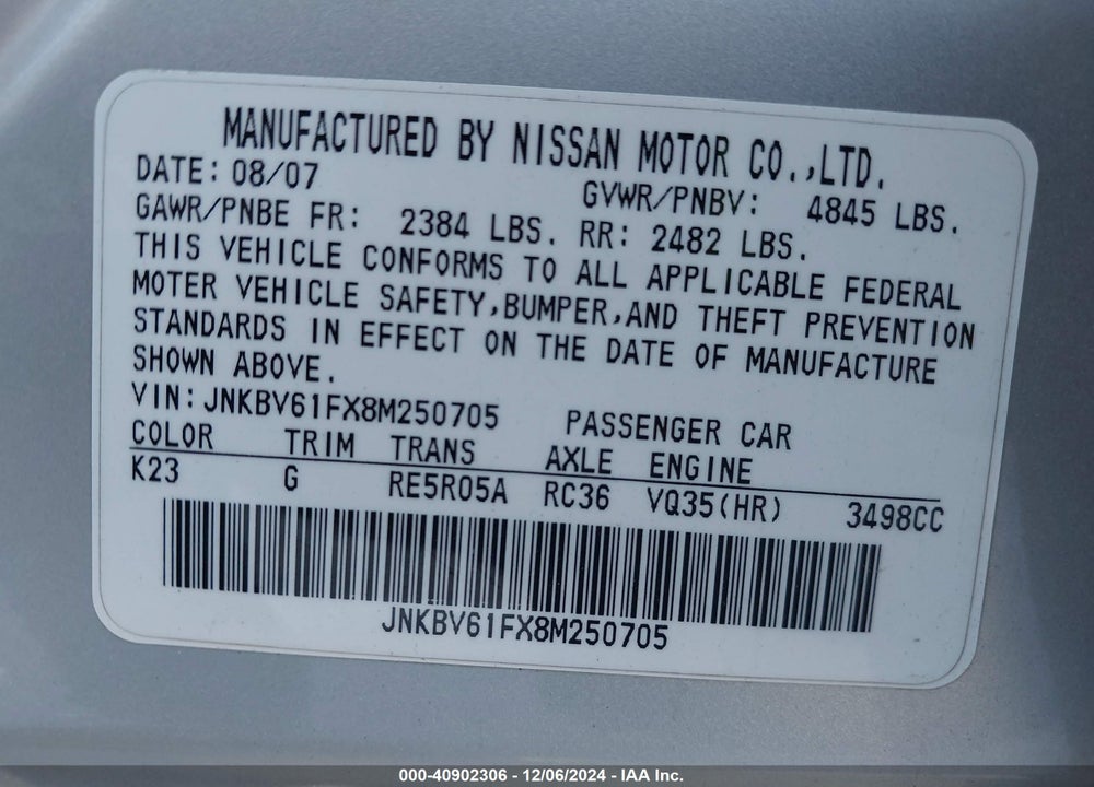 2008 INFINITI G35X VIN: JNKBV61FX8M250705